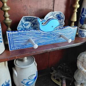 Handmade wooden whale cobalt blue scrim shaw style art wall hanger